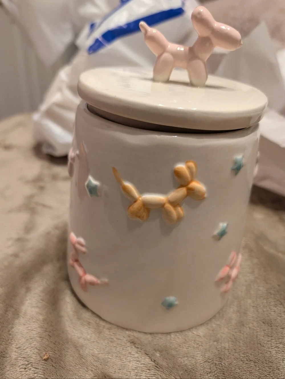 Ceramic Balloon Dog Canister - Pastel Pink & Yellow